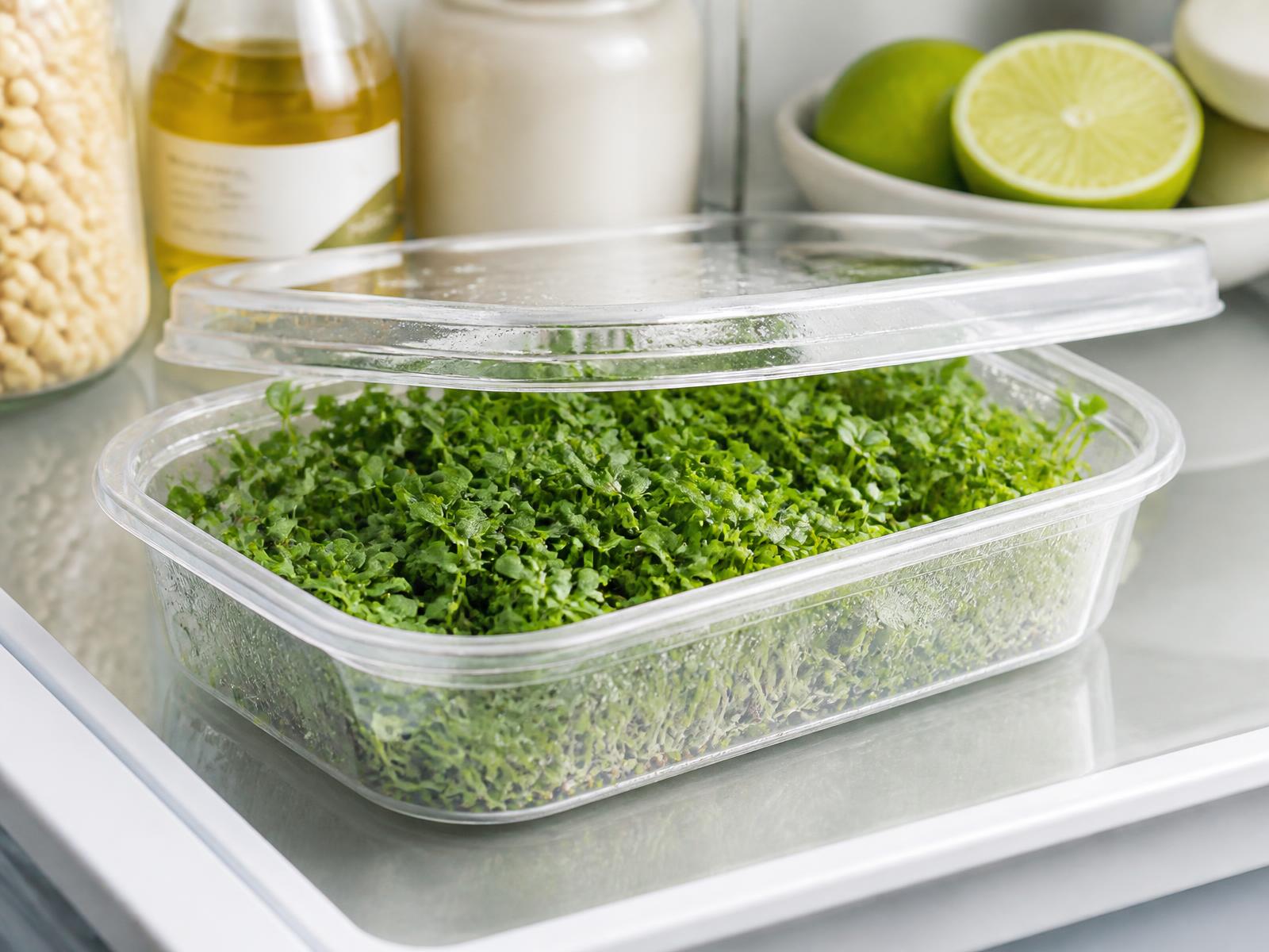 Microgreens stored in a clean food-safe container on a refrigerator shelf