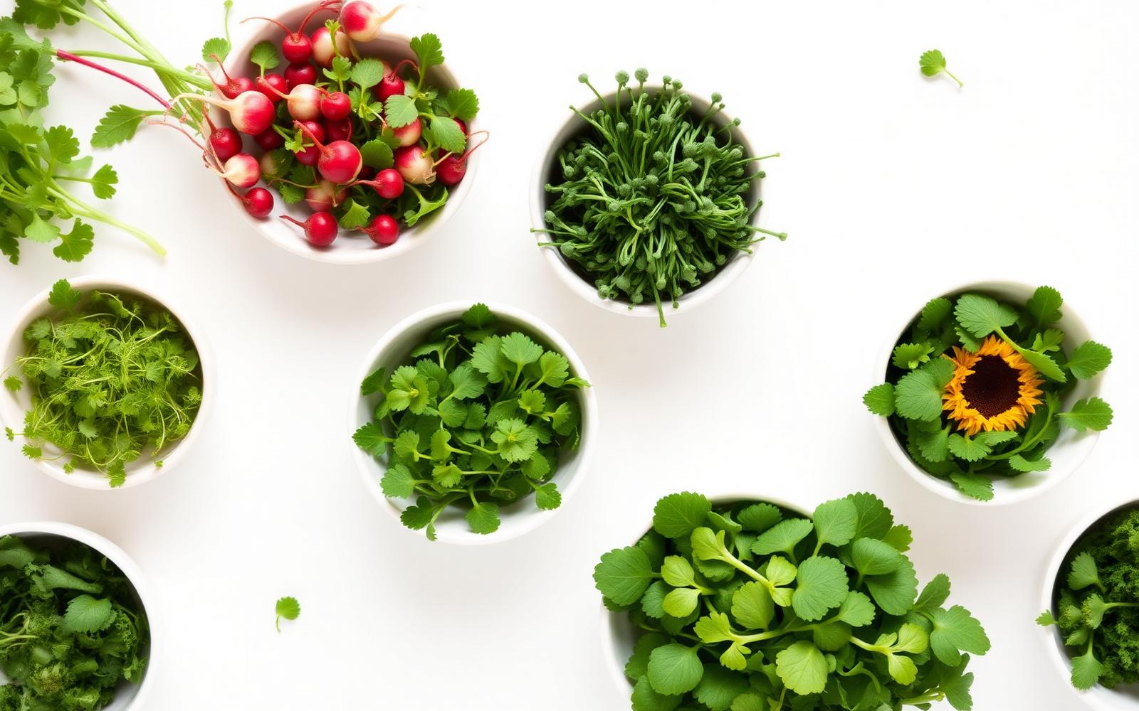 Several varieties of microgreens growing side by side in trays