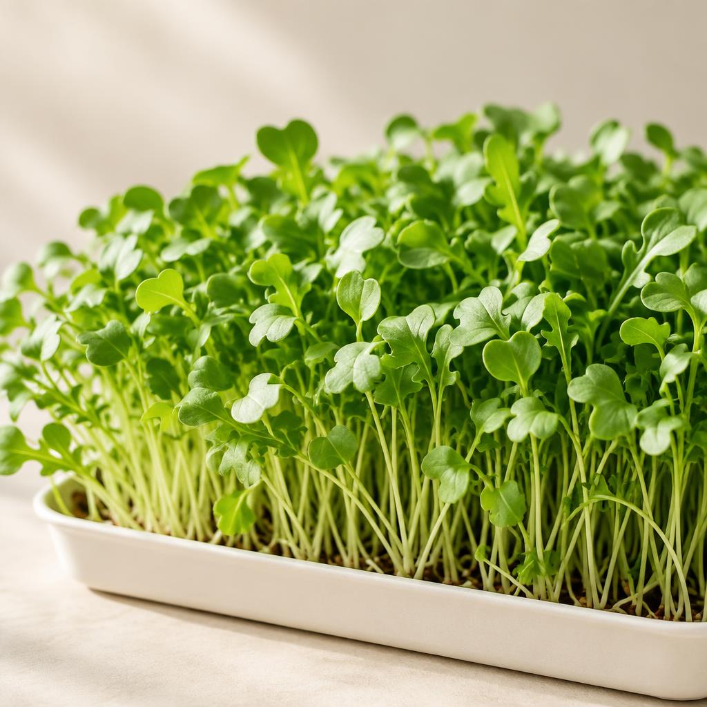 Fresh arugula microgreens with slender stems and green leaves