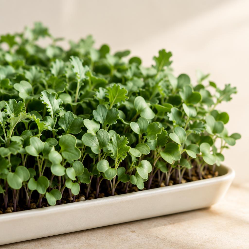 Fresh kale microgreens growing densely with soft green leaves