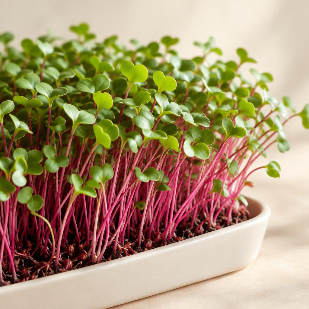 Pink radish microgreens with vivid magenta stems and fresh green leaves